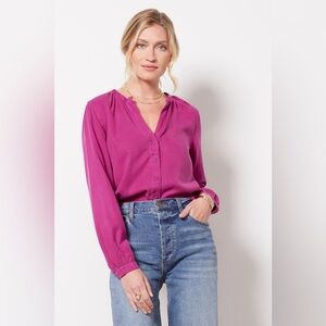 Evereve Cloth And Stone Button Front Long Sleeve Split Neck Tencel Blouse M $98